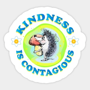 Kindness is contagious, positive quote, be kind life style, care, Little cute Hedgehog gives a mushroom. Be Kind. Cartoon style joyful illustration, kids gifts design. Sticker